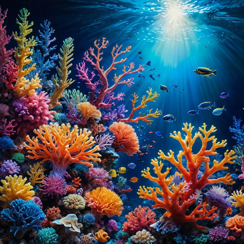 A seductive underwater scene featuring a kaleidoscope of colorful corals and marine life, blending seamlessly with ethereal representations of desire and intimacy. Incorporate abstract figures intertwined, symbolizing connection and allure, illuminated by soft, glowing light filtering through the water's surface. The overall mood is sensual yet artistic, evoking curiosity and fascination. vibrant colors. surrealism.