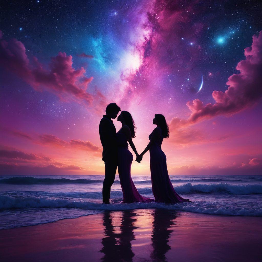A cosmic scene filled with celestial bodies like stars and planets, intertwined with sensual silhouettes of human figures engaged in intimate connections. Soft waves of ethereal colors like deep purples, pinks and blues radiate light, symbolizing exploration and pleasure. The backdrop features a vast, starry sky, suggesting the infinite possibilities of eroticism. Sensual and dreamy atmosphere, evoking emotions tied to pleasure and discovery. vibrant colors. super-realistic.