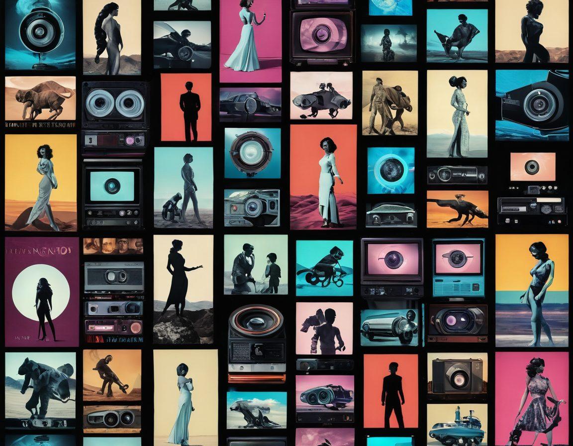 A stylized collage showcasing the evolution of sensual material: an artistic representation of classic film reels alongside modern digital screens displaying diverse genres of adult content, intertwined with cultural symbols from various eras. The background should feature subtle hints of vintage film grain blending into a sleek, techno-futuristic aesthetic, incorporating vibrant colors and a dynamic layout. surrealism. vibrant colors. futuristic style.